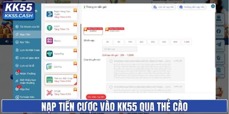 Nạp vốn KK55 qua thẻ cào